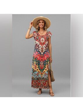 Boho Multi Color Geo Print Maxi Dress